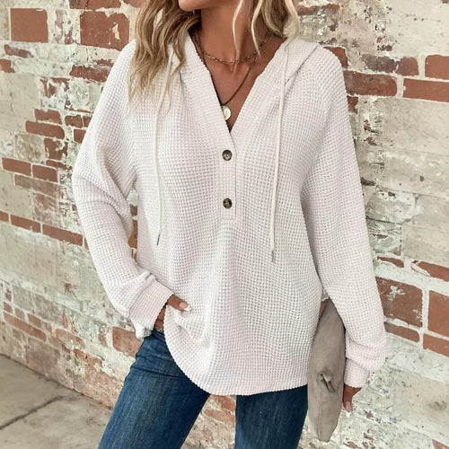 Damen gemütlicher Strickpullover mit Kapuze und Knopfleiste Drune