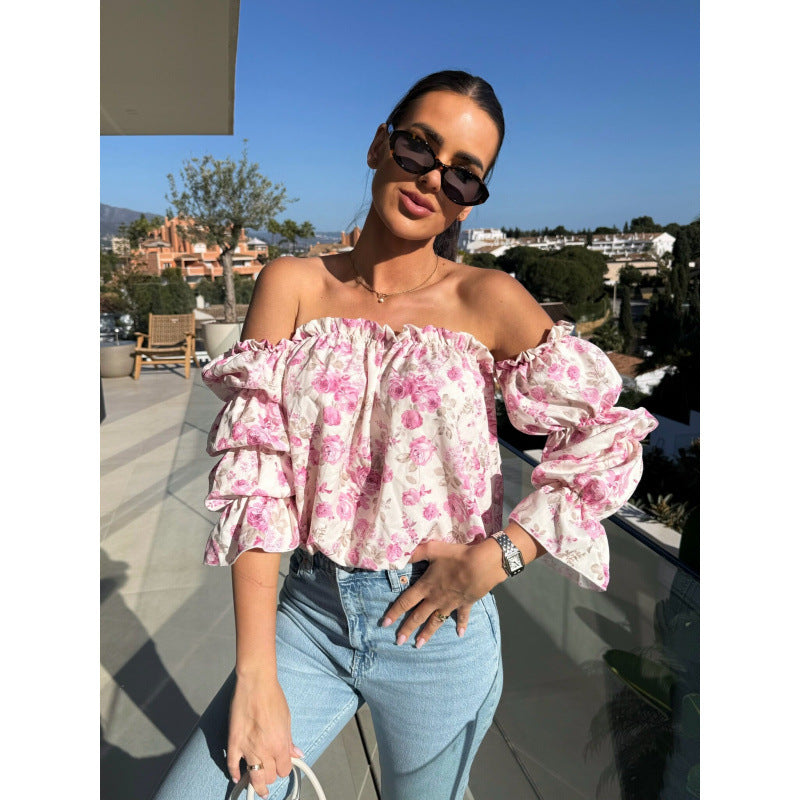 Damen Off-Shoulder Rüsch Blumen Bluse Drune