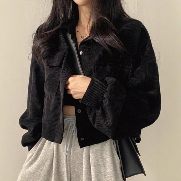 Damen Kurzgeschnittene Cordjacke mit Oversize-Ärmeln und Brusttaschen Drune