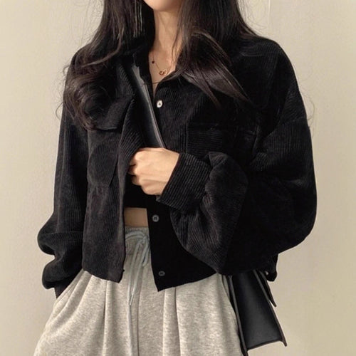 Damen Kurzgeschnittene Cordjacke mit Oversize-Ärmeln und Brusttaschen Drune