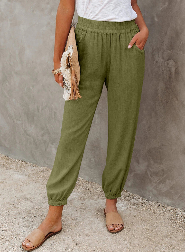 Damen lässige Leinen-Hose mit elastischem Bund und Gummizug Drune