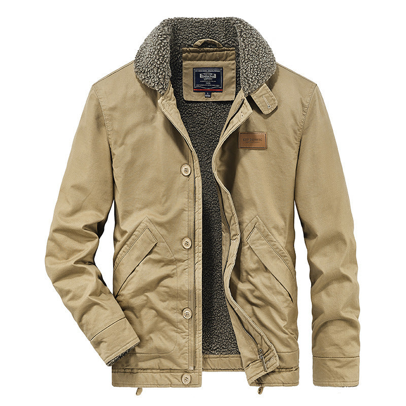 Herren Canvas-Workerjacke mit durchgehendem Teddyfutter, Stehkragen und Kordelzug Drune
