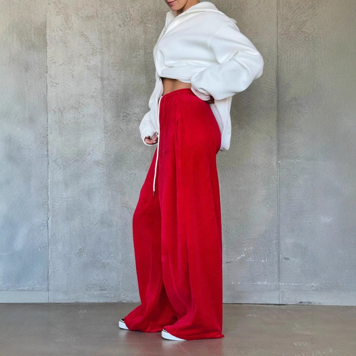 Damen weite Velours-Hose mit elastischem Bund und praktischen Seitentaschen Drune