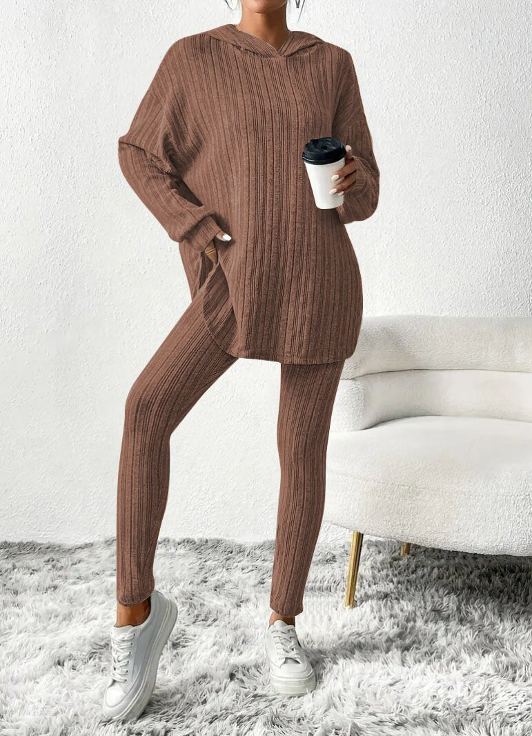 Damen Geripptes Feinstrick‑Loungewear‑Set mit Kapuzenpullover und hochtaillierten Leggings Drune