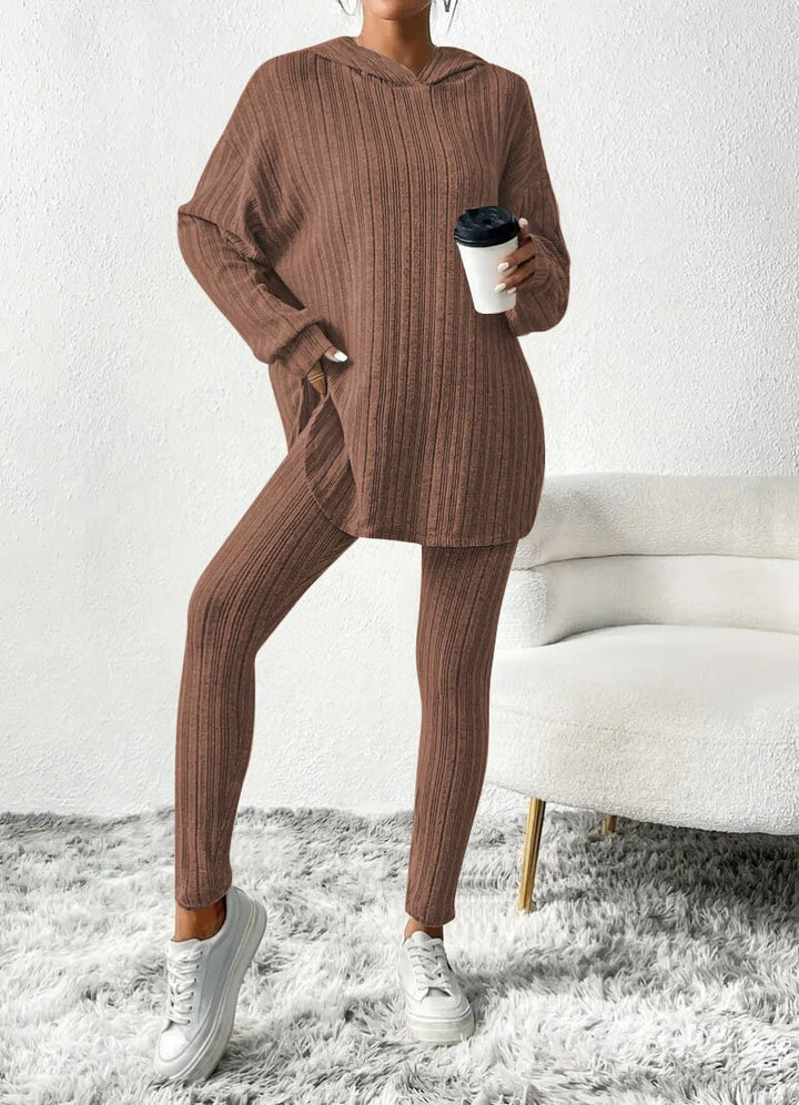 Damen Geripptes Feinstrick‑Loungewear‑Set mit Kapuzenpullover und hochtaillierten Leggings Drune