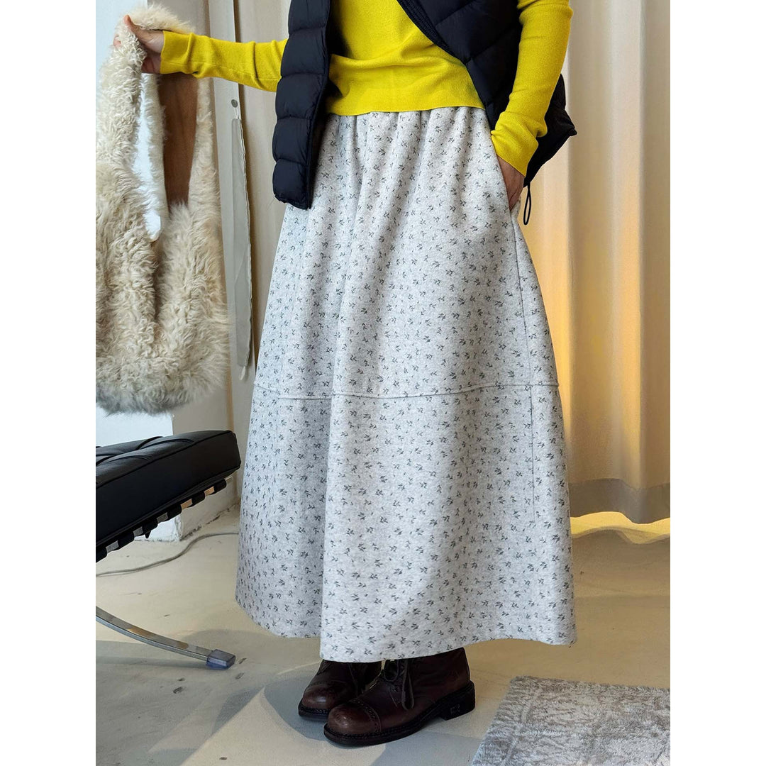 Damen Weit schwingender Midirock aus Wollmix mit feinem Blumenjacquard Drune