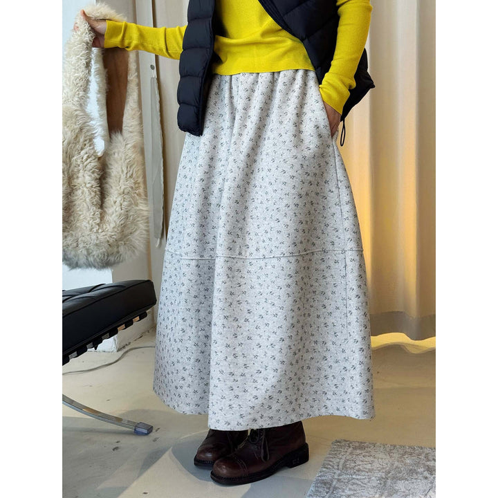 Damen Weit schwingender Midirock aus Wollmix mit feinem Blumenjacquard Drune