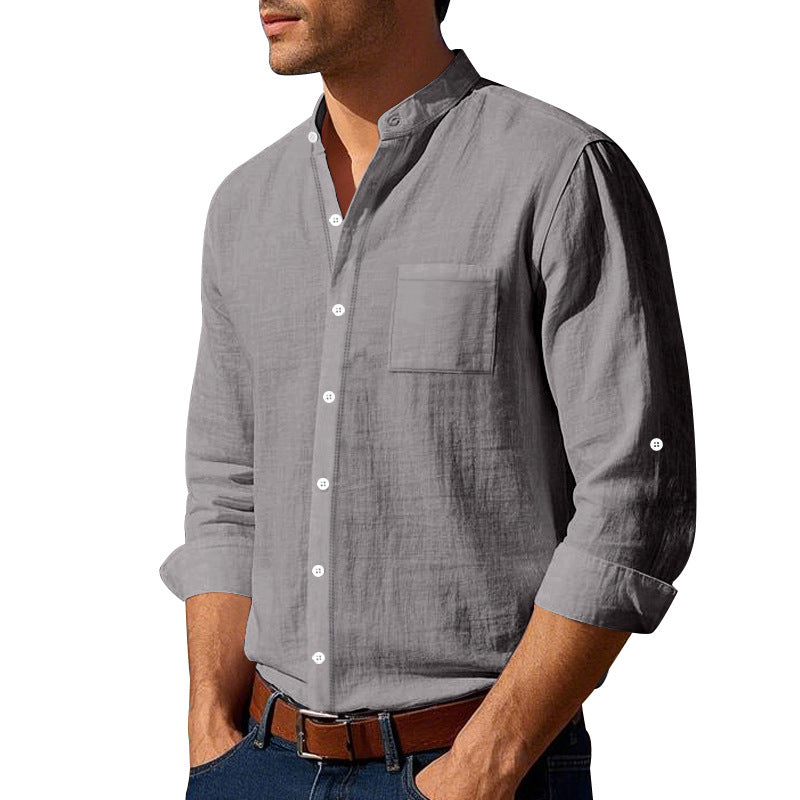 Herren nan leichtes Leinenhemd mit Stehkragen und aufgesetzter Brusttasche in regular Fit Drune