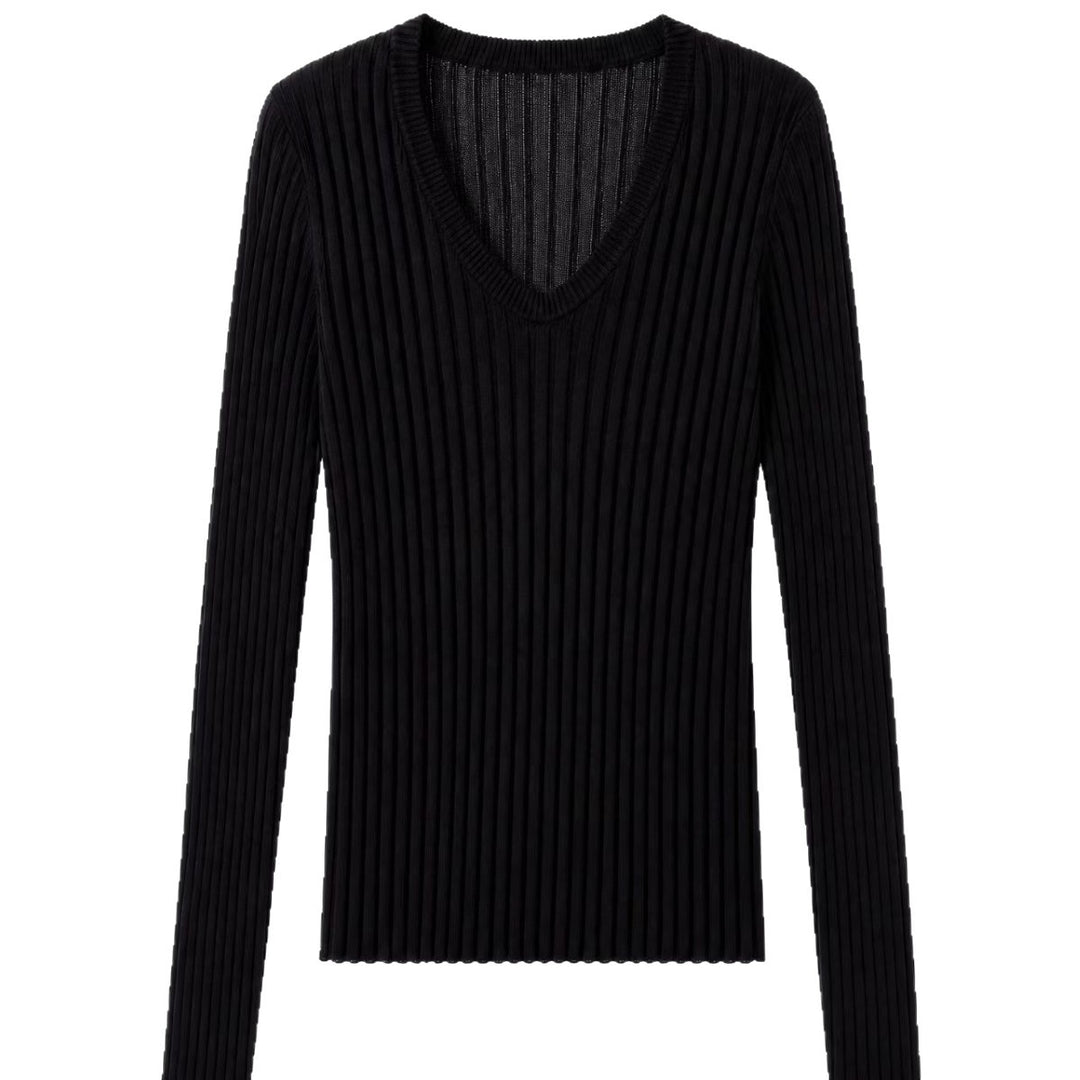 Damen Enges Feinstrick-Longsleeve mit tiefem V-Ausschnitt und breiter Rippenstruktur Drune