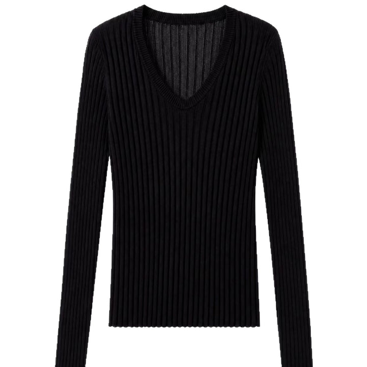 Damen Enges Feinstrick-Longsleeve mit tiefem V-Ausschnitt und breiter Rippenstruktur Drune