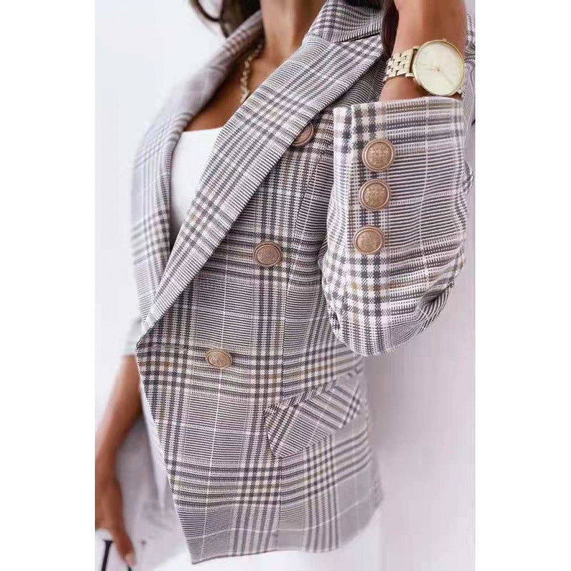 Damen Karo Blazerjacke im modernen Schnitt mit doppelter Knopfreihe Drune