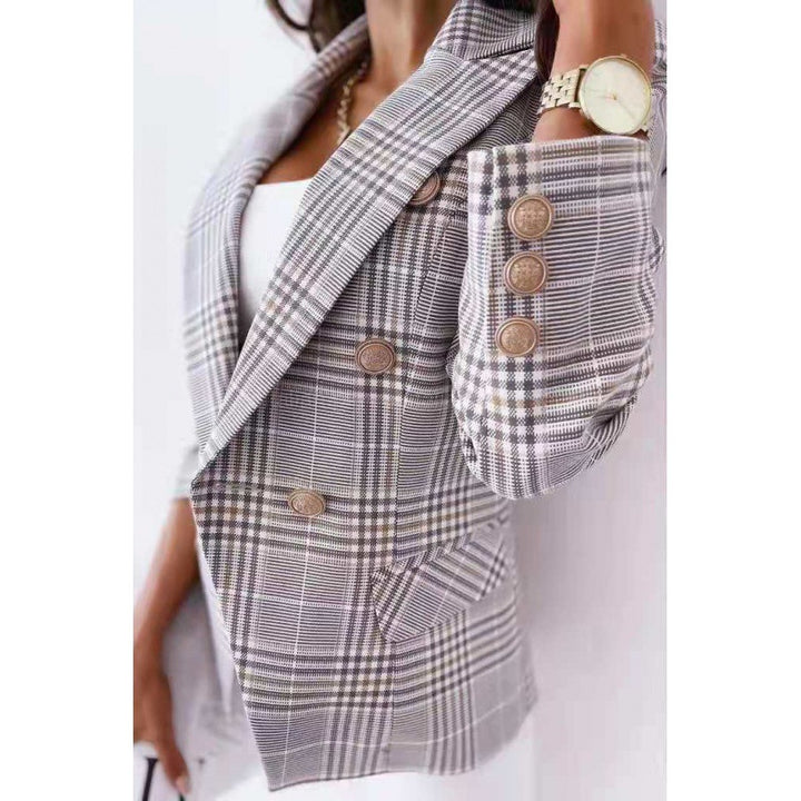 Damen Karo Blazerjacke im modernen Schnitt mit doppelter Knopfreihe Drune