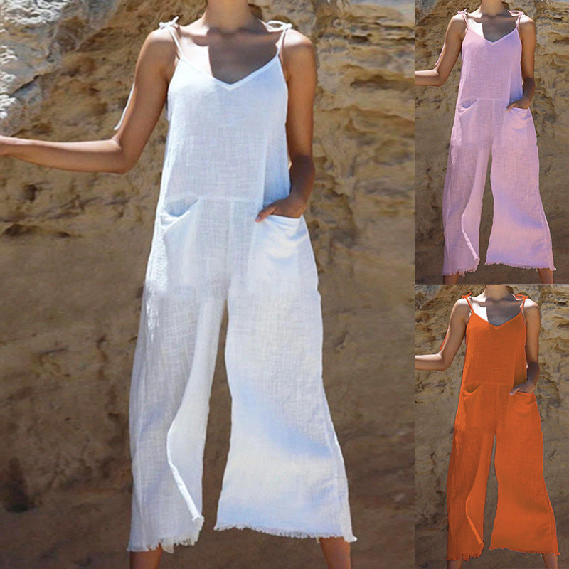 Damen Leinen-Jumpsuit mit stylischem V-Ausschnitt und praktischen Taschen Drune