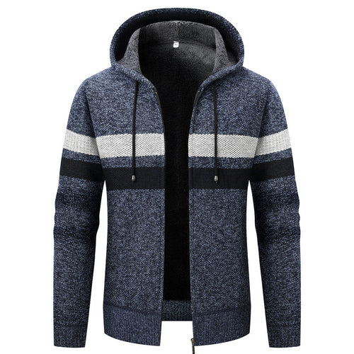 Herren Strick-Ziphoodie mit Teddyfutter, durchgehendem Reißverschluss und Blockstreifen Drune