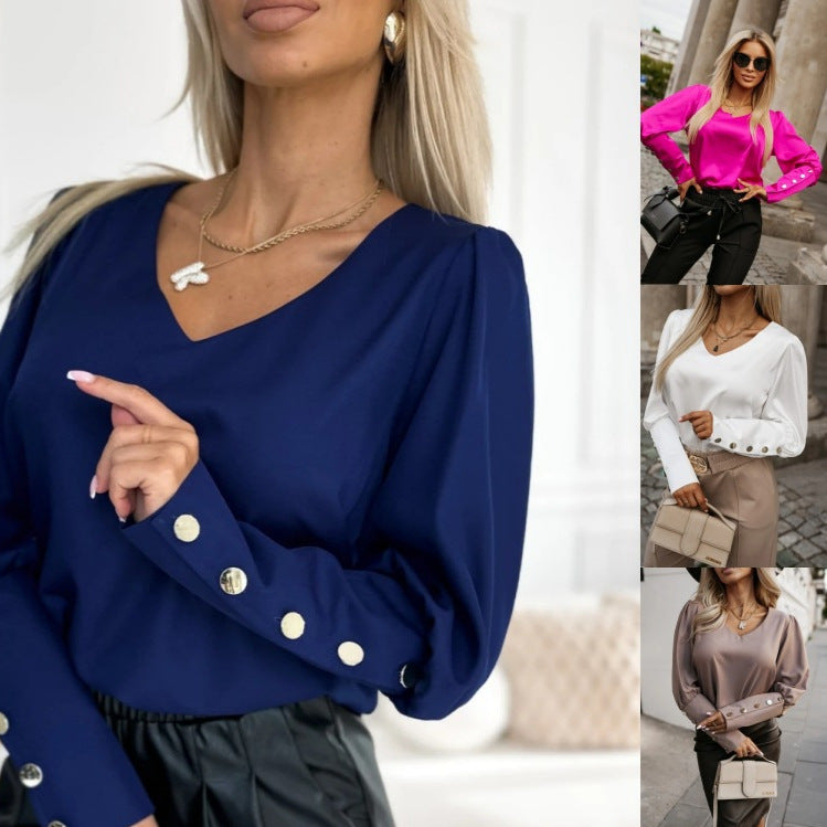 Damen Bluse mit modischen Puffärmeln und dekorativen Knopfdetails Drune