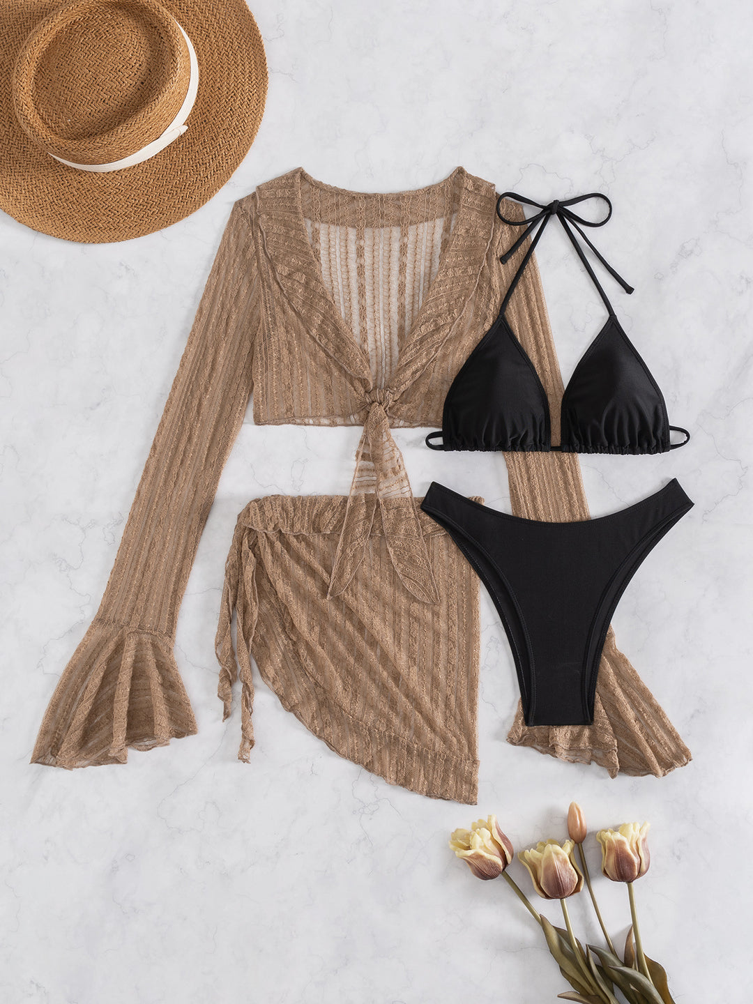 Damen Bikini-Set mit transparentem Oberteil, hohem Taillenslip und luftigem Rock Drune