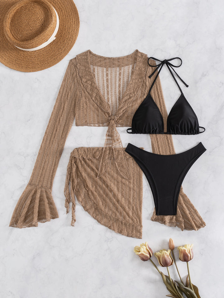Damen Bikini-Set mit transparentem Oberteil, hohem Taillenslip und luftigem Rock Drune