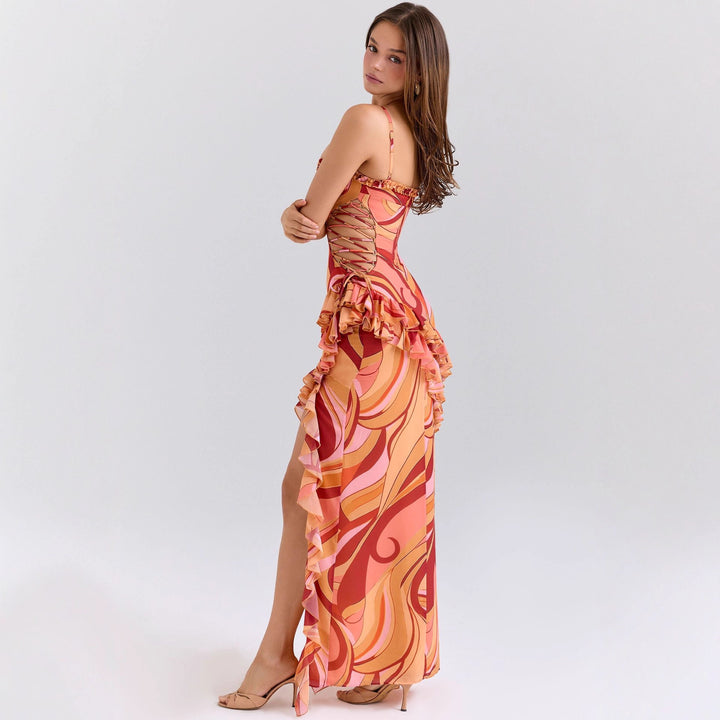 Damen Maxi-Kleid mit Rüschendetails und fließendem Muster Drune