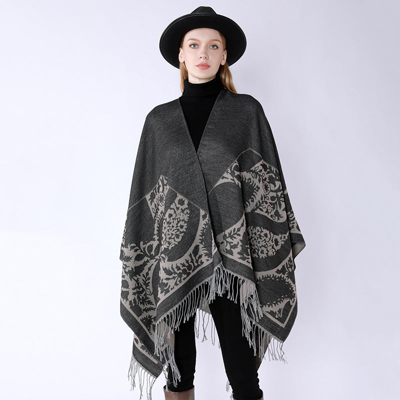 Damen Oversize-Umhangponcho mit floralen Medaillon-Jacquard und Fransensaum Drune