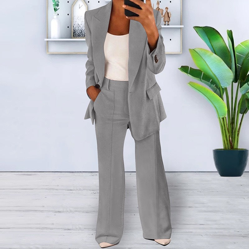 Damen nan bürotaugendes Hosenanzug Set mit weiter Hose und tailliertem Blazer Drune
