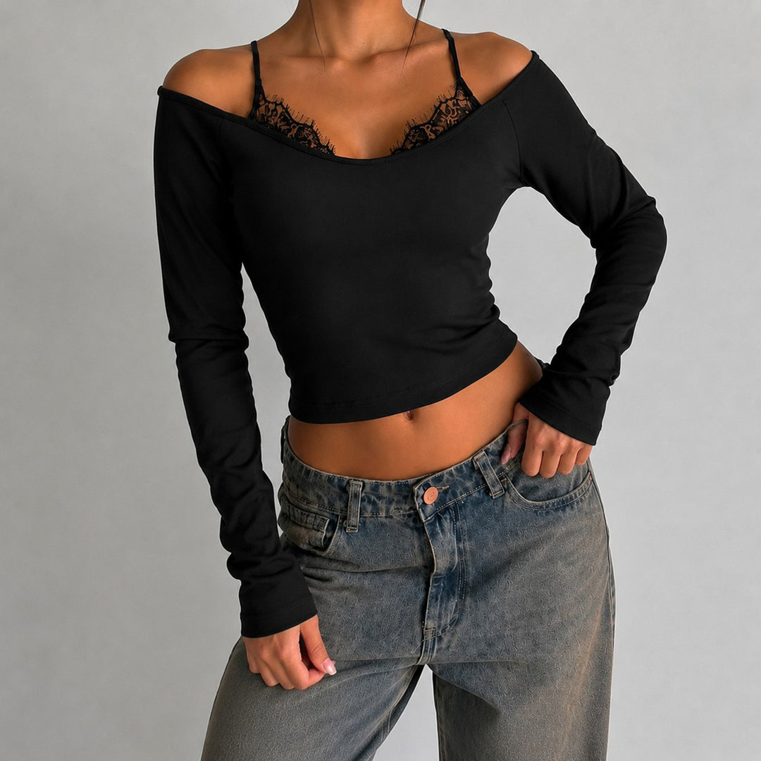 Damen Schulterfreies Langarm-Cami mit zarter Spitzen-Innenschicht und verstellbaren Spaghettiträgern Drune