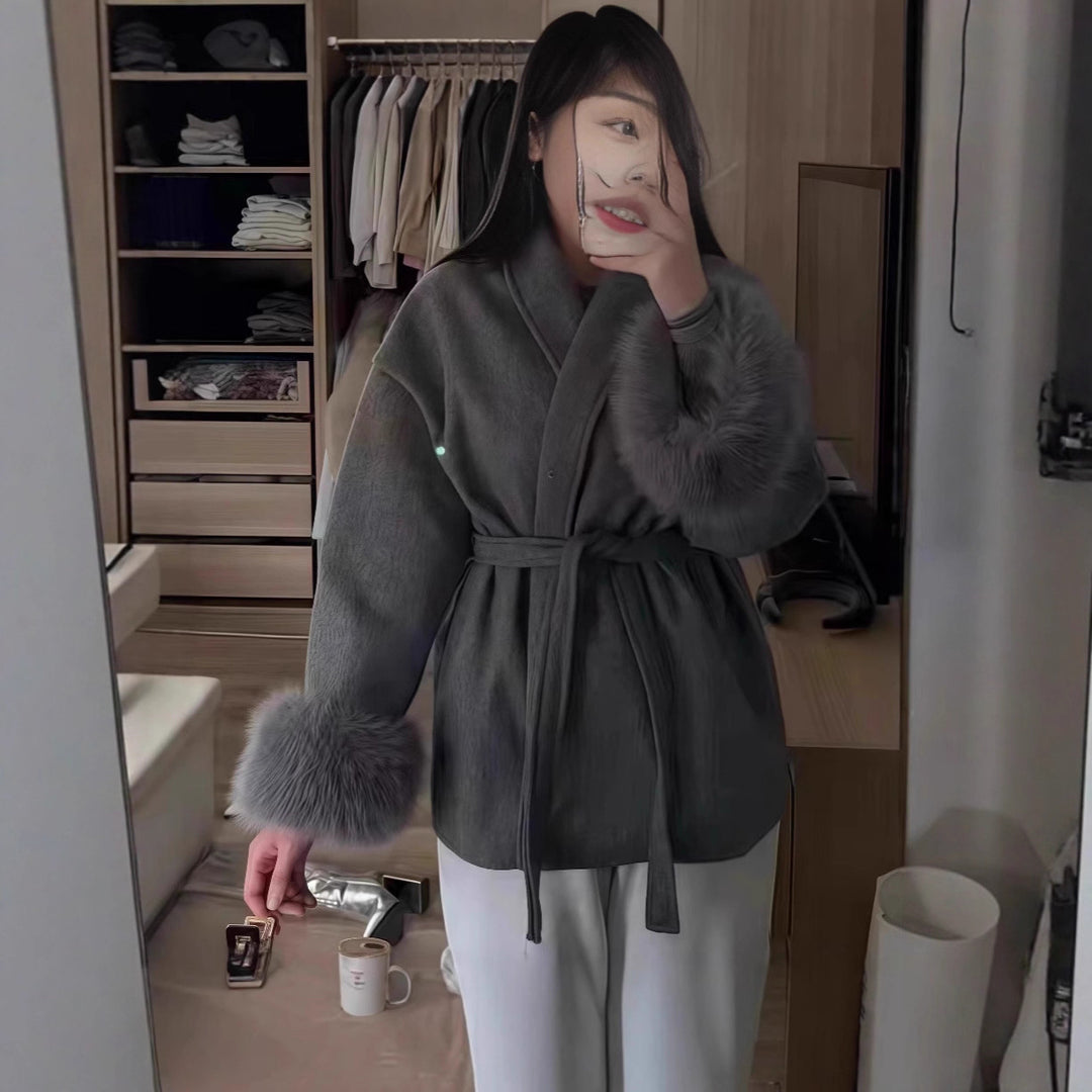 Damen elegante Fleecejacke mit abnehmbaren Kunstfellkragen und Gürtel Drune