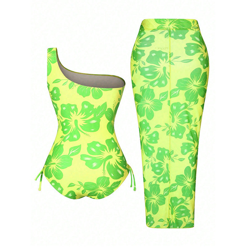 Damen Einseitiger Badeanzug mit floralem Design und passendem Sarong Drune
