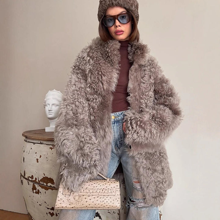 Damen Oversize Kunstfell‑Mantel mit lockiger Teddy‑Optik und weiter Boxy‑Silhouette Drune