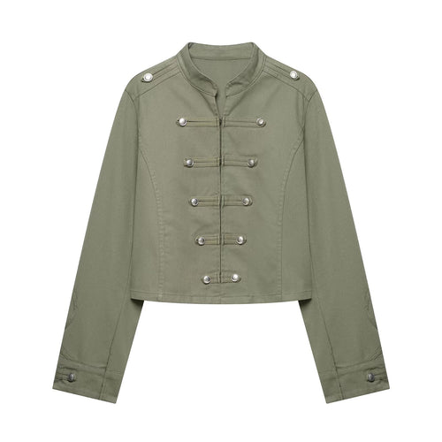 Damen Cropped Offiziersjacke im Military‑Look mit Stehkragen und dekorativen Druckknopfleisten Drune