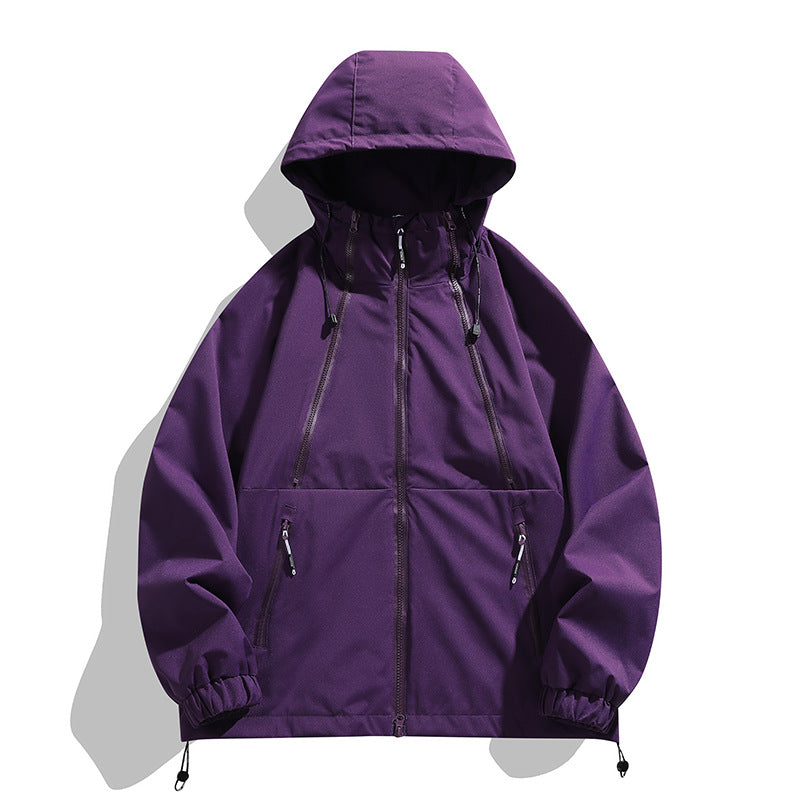 Unisex Leichter Kapuzen-Windbreaker mit wasserabweisender Oberfläche, Reißverschlusstaschen und Kordelzug Drune