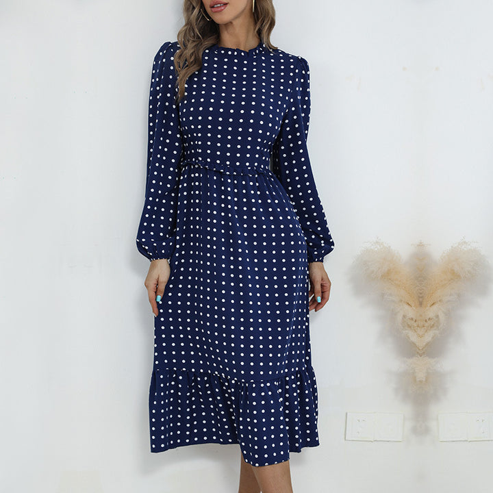 Damen Midikleid im Retro-Polka-Dot-Stil mit Stehkragen, taillierter Raffung und Volant Drune