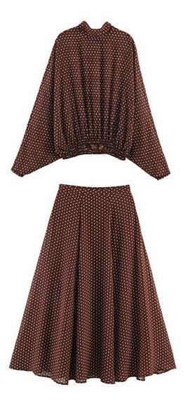 Damen Zweiteiliges Retro-Polka-Dot Set mit weitem Fledermausoberteil und plissiertem Midirock Drune