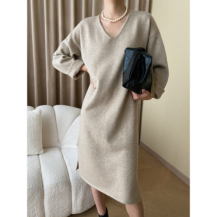 Damen lässiges Strickkleid mit V-Ausschnitt und eleganten Ärmelaufschlägen Drune