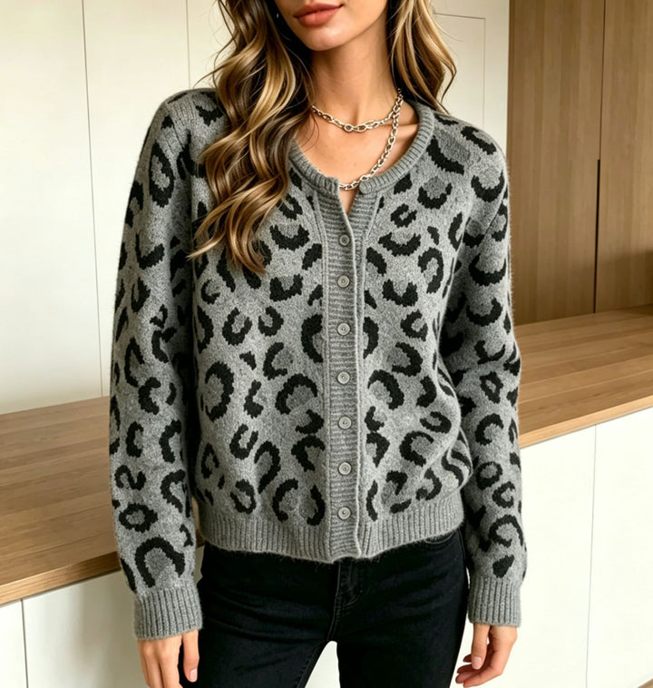 Damen Kurzcardigan im Leo-Jacquard mit geripptem Saum und Rundhalsausschnitt Drune
