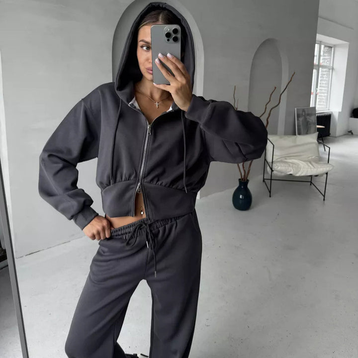 Damen Zweiteiliges Loungewear-Set mit gekürzter Zip-Kapuzenjacke und weitem High‑Waist Jogginghose Drune