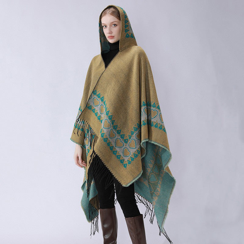 Damen Kapuzen-Capeponcho aus Wollmix mit Herz-Jacquard und Fransensaum Drune