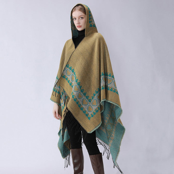Damen Kapuzen-Capeponcho aus Wollmix mit Herz-Jacquard und Fransensaum Drune