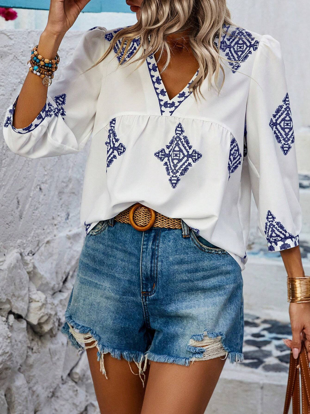 Damen Locker geschnittene Boho‑Bluse mit V‑Ausschnitt, geraffter Brustnaht und dreiviertelärmeln Drune