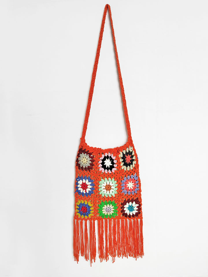 Damen gehäkelte Umhängetasche mit bunten Blumenmustern und Fransen Drune
