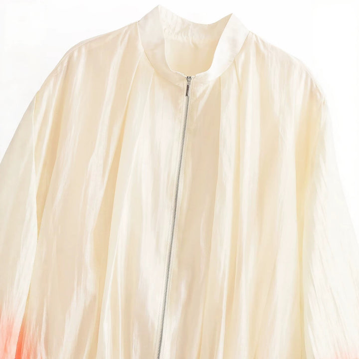 Damen Leichte transparente Cropped Bomberjacke aus seidig glänzendem Material mit Reißverschluss Drune