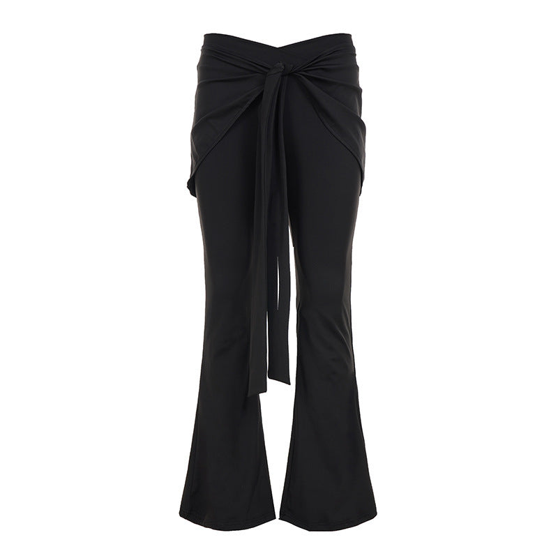 Damen High‑Waist Schlaghose mit Wickelrock-Overlay und Bindegürtel Drune