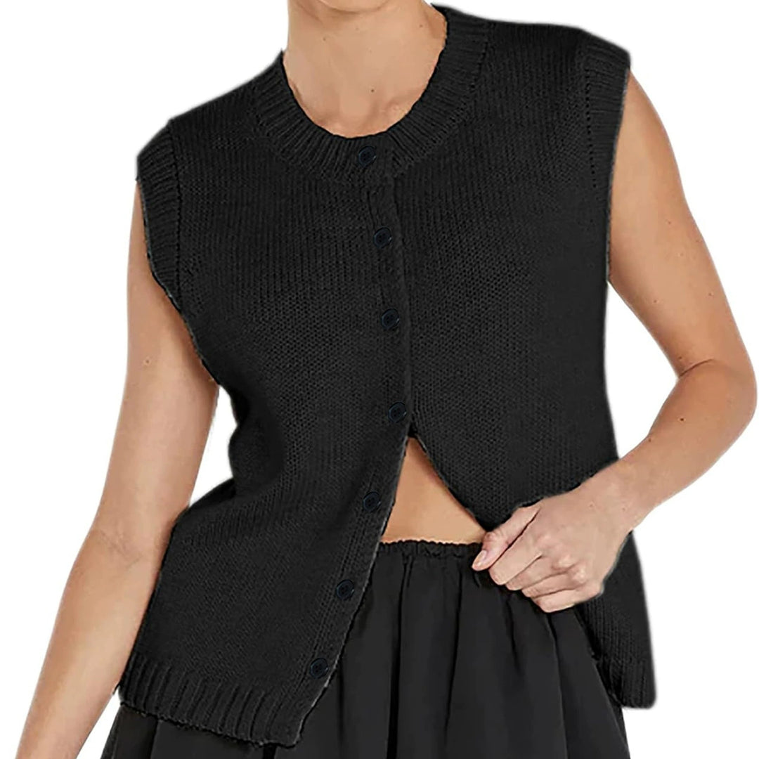 Damen gestrickte ärmellose Knopf-Weste mit Rippkragen Drune