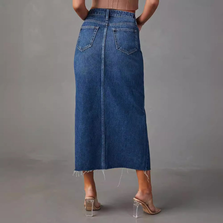 Damen Hoch geschnittenes Bleistiftkleid aus Jeans mit seitlichem Schlitz Drune