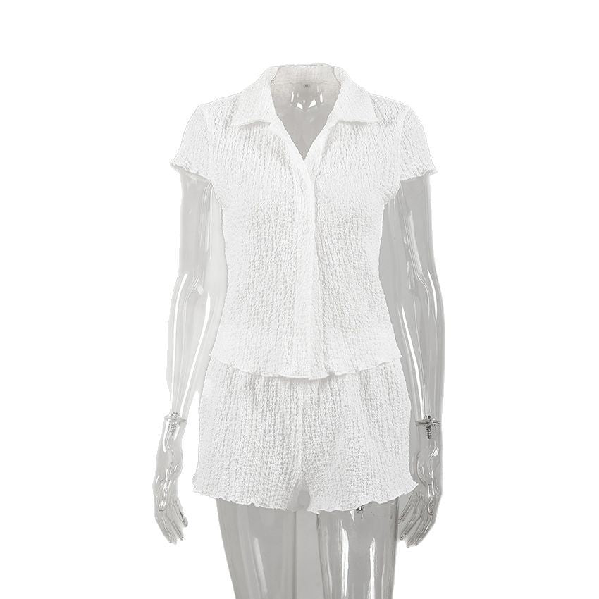 Damen Freizeit-Pyjama-Set mit strukturiertem Oberteil und Shorts Drune