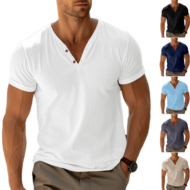 Herren nan tailliertes Henley-T-Shirt mit V-Ausschnitt kurzer Knopfleiste und krempelbaren Ärmeln Drune