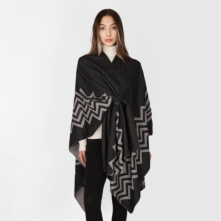 Damen Wollmix-Capeponcho mit Bindegürtel und grafischem Zickzackmuster Drune