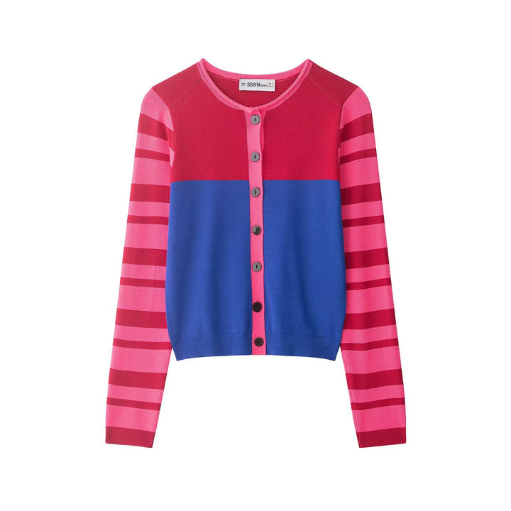 Damen Kurzgeschnittene Strickjacke mit Farbblock-Design und gestreiften Ärmeln Drune