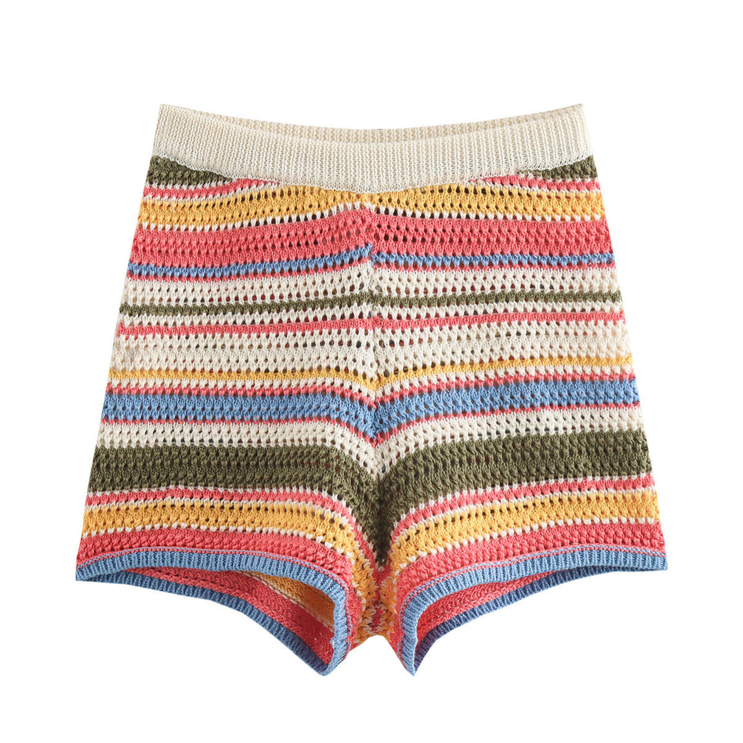 Damen luftige Strickshorts mit buntem Streifenmuster Drune