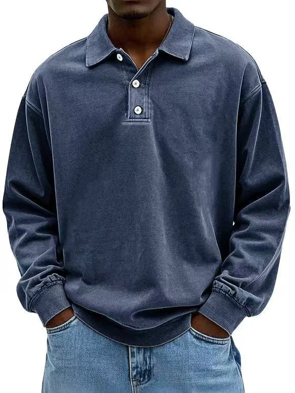 Herren nan lässiges Poloshirt-Sweatshirt mit Kragen, Vintage-Waschung und dreiteiliger Knopfleiste Drune