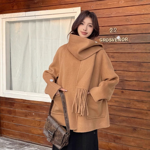 Damen Oversize Wollmantel mit voluminösem Schalkragen und Fransen Drune